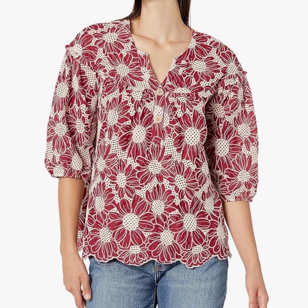 Tru Luxe Jeans Women's Floral Embroidery Y-Neck Top with Puff Sleeves Garnet Red